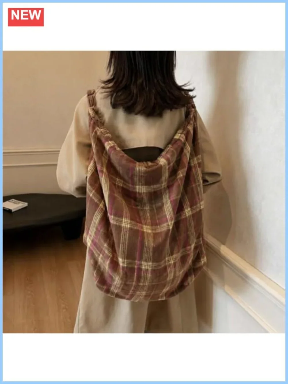 Woolen Plaid Tote Bag Purse Women's Slouchy Hobo Shoulder Bag
